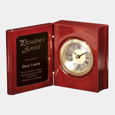 T140  Rosweood Piano Finish Book Clock with Black to Gold Plate  Thumbnail
