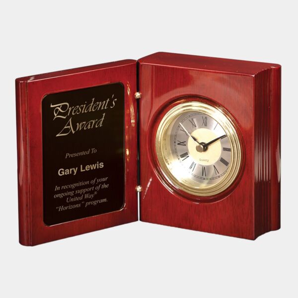 T140  Rosweood Piano Finish Book Clock with Black to Gold Plate  Thumbnail