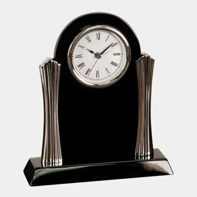 T307  Black Piano Finish Desk Clock with Silver Columns Thumbnail
