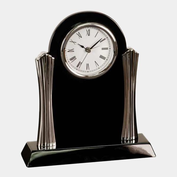 T307  Black Piano Finish Desk Clock with Silver Columns Thumbnail